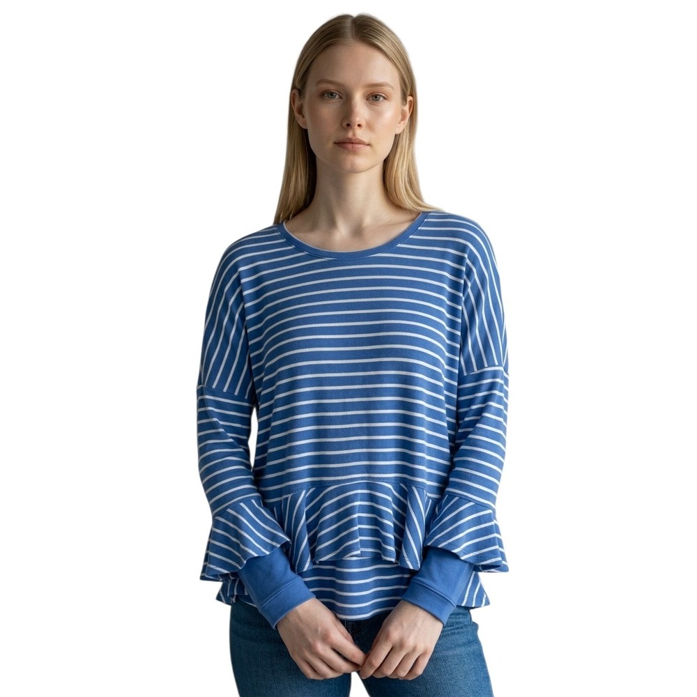 Free People Round About Tee Women's size Medium‎ Peplum Hem Striped Indie  Top